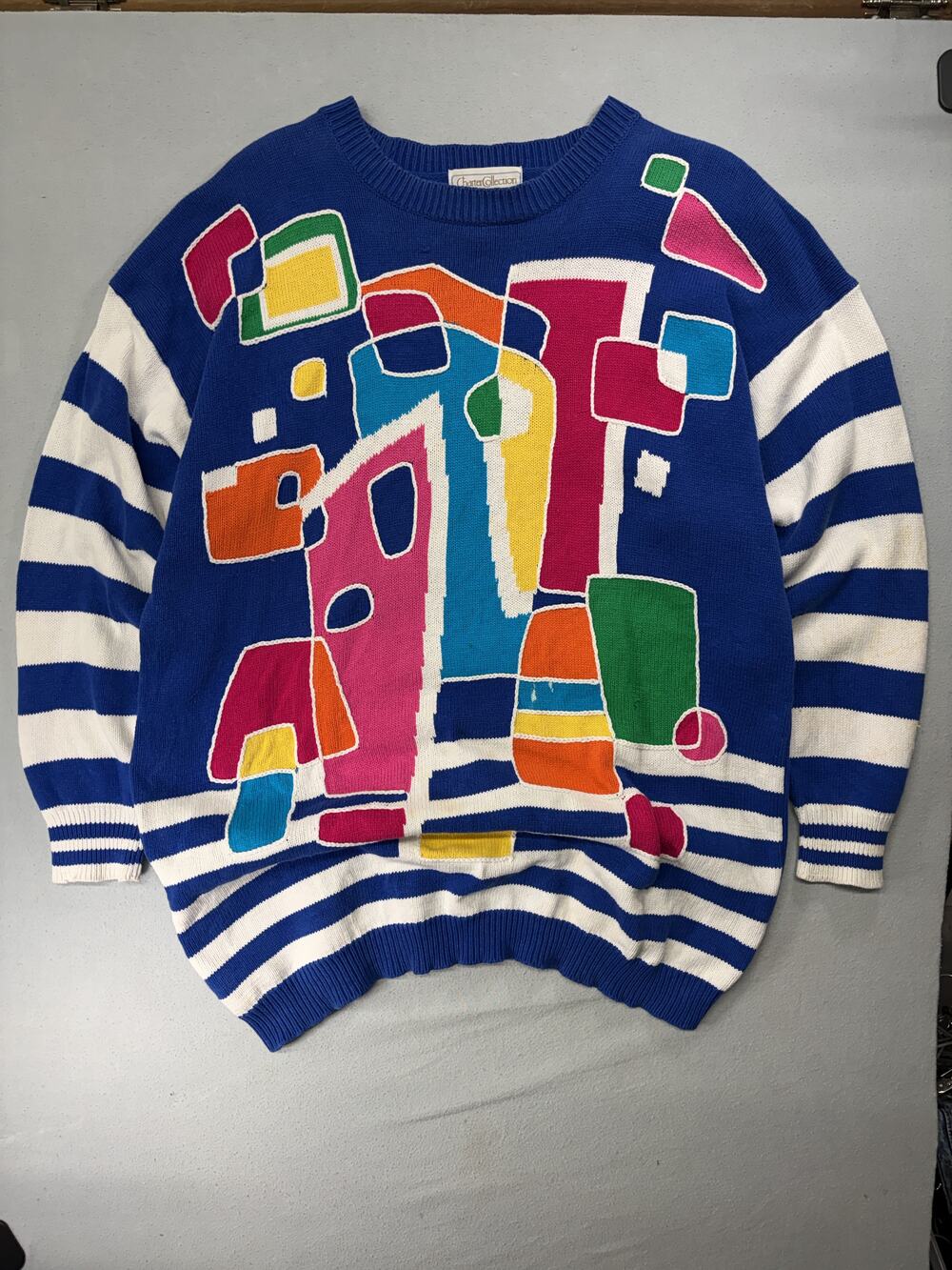Vintage 90s Charter Collection Coogi-Style Pastel Colour Block Knit Sweater Stri